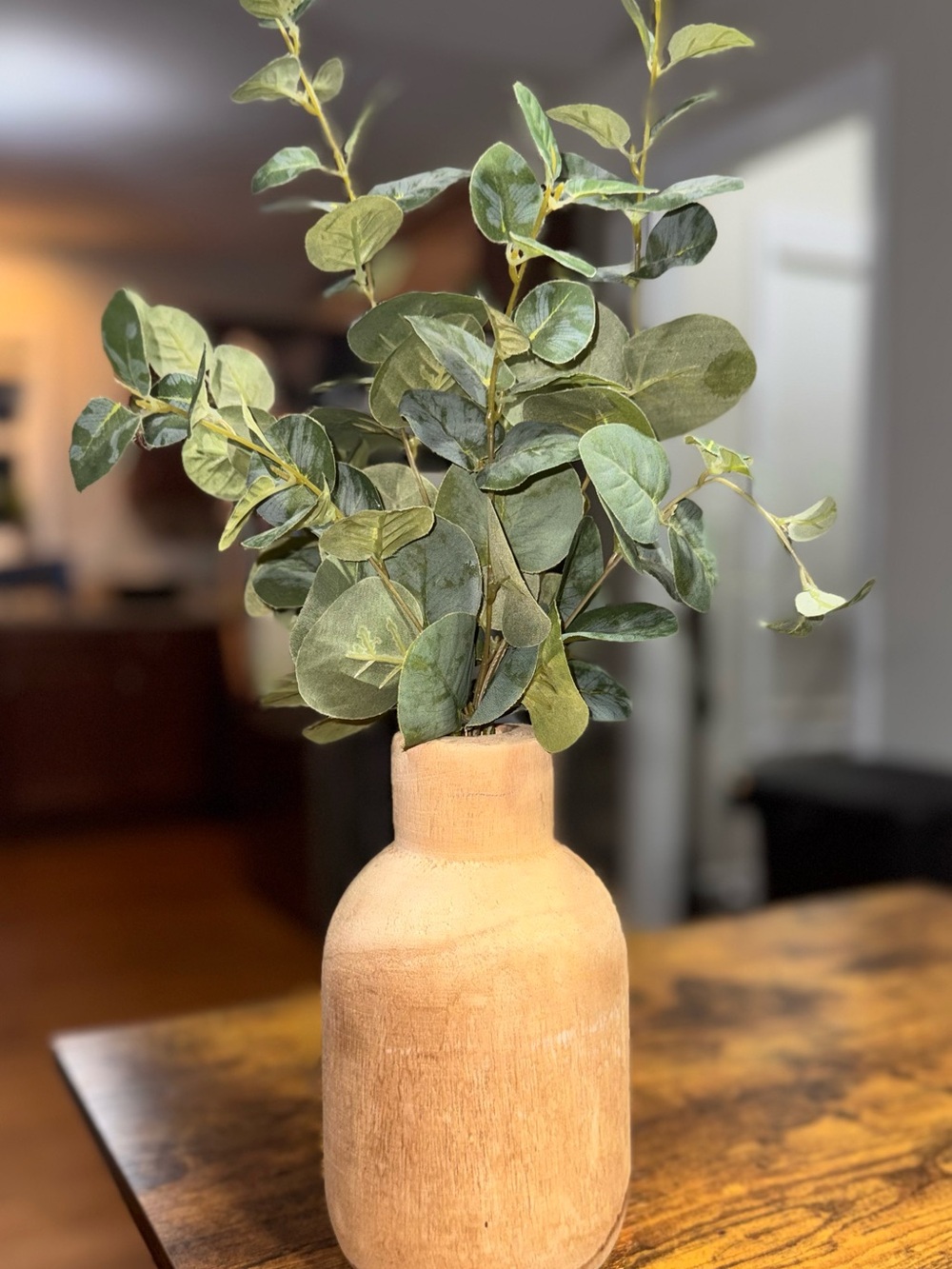 Tan Wood Vase with Faux Green Eucalyptus Stems